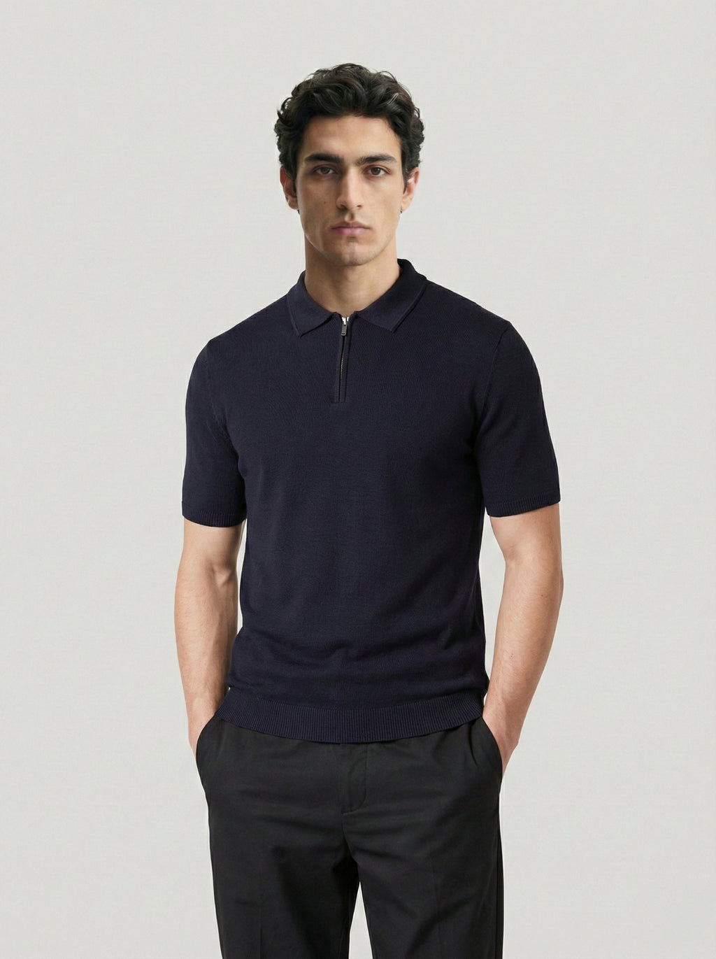 Jupp Navy Zip Up 100% Wool Knitted Polo