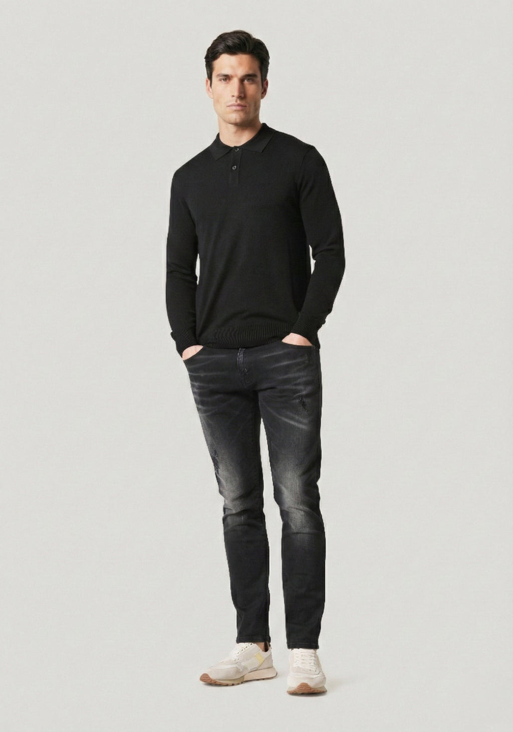 Penn Black Button Up 100% Wool Knitted Polo