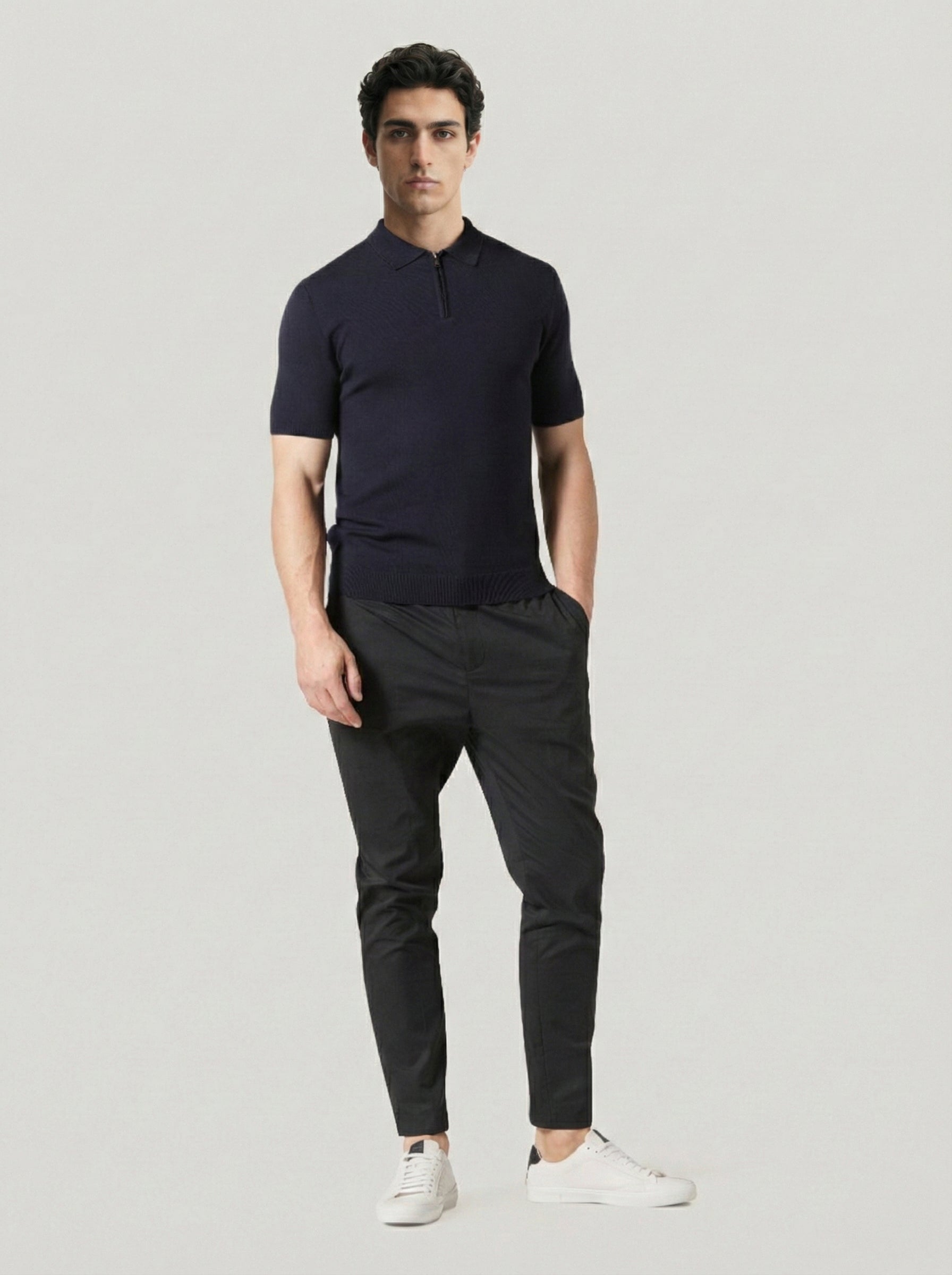 Jupp Navy Zip Up 100% Wool Knitted Polo