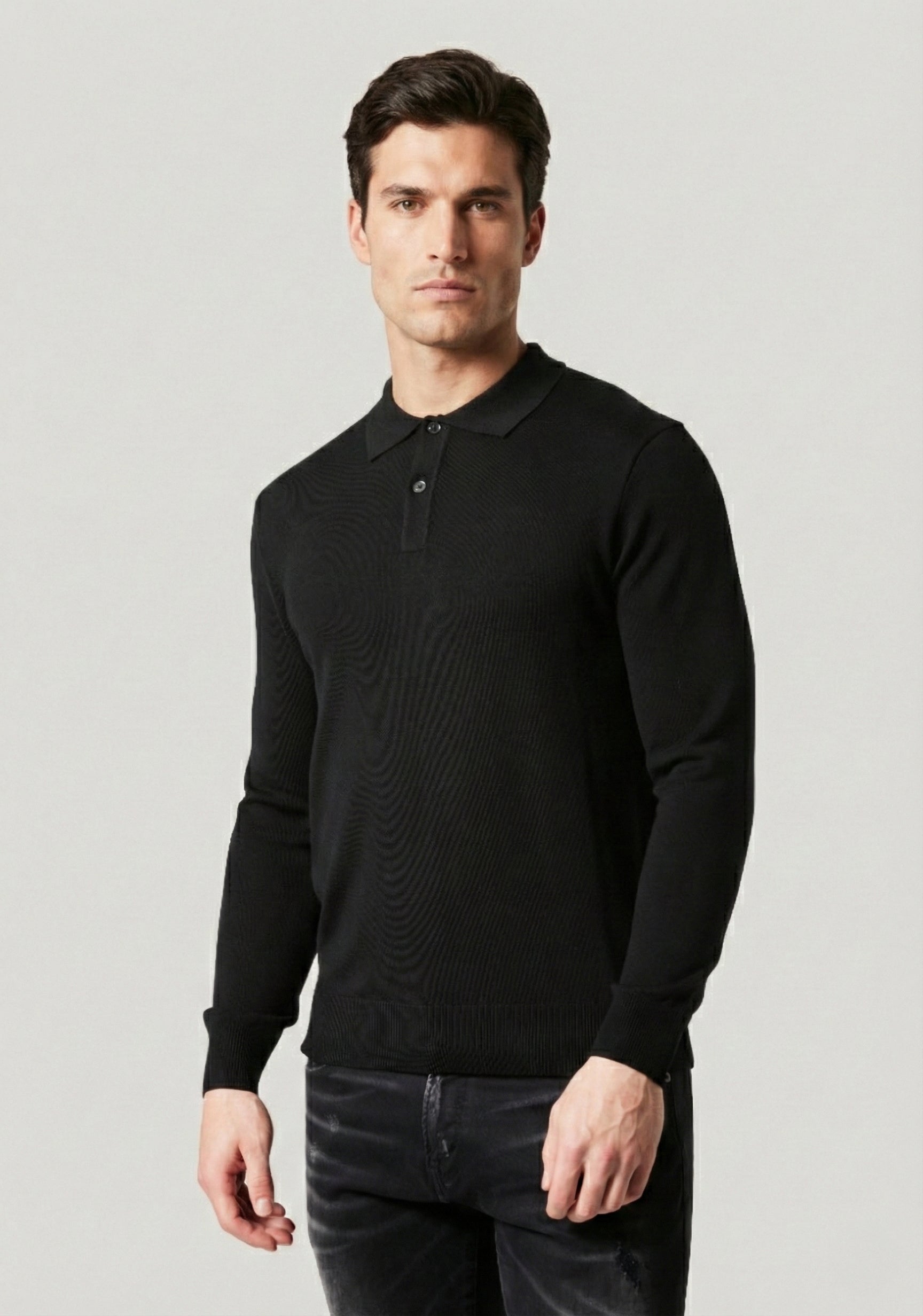 Penn Black Button Up 100% Wool Knitted Polo